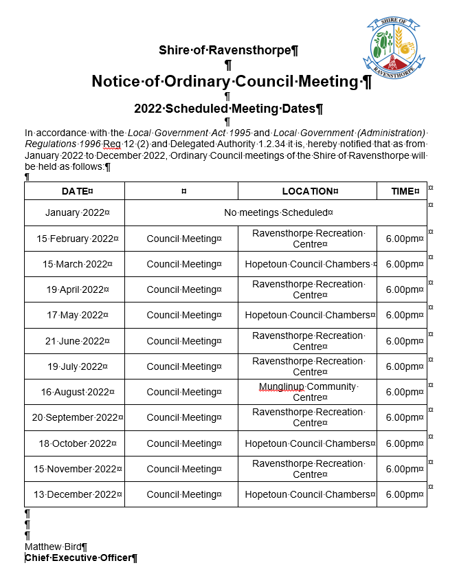 Council Meeting Dates for 2022