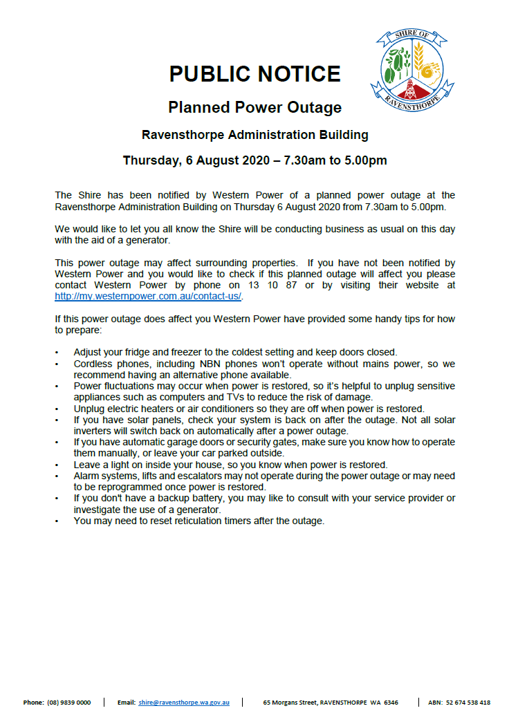 News Story Western Power Planned Power Outage Thursday 6 August 2020 7 30am To 5 00pm Shire Of Ravensthorpe