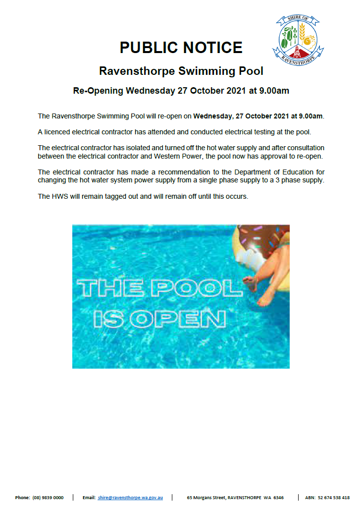 Ravensthorpe Swimming Pool - Re-Open October 2021