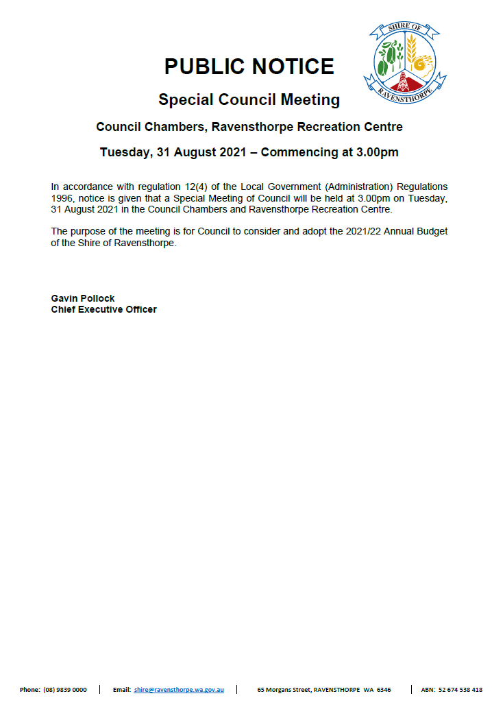 Public Notice - Special Meeting of Council - 31 August 2021