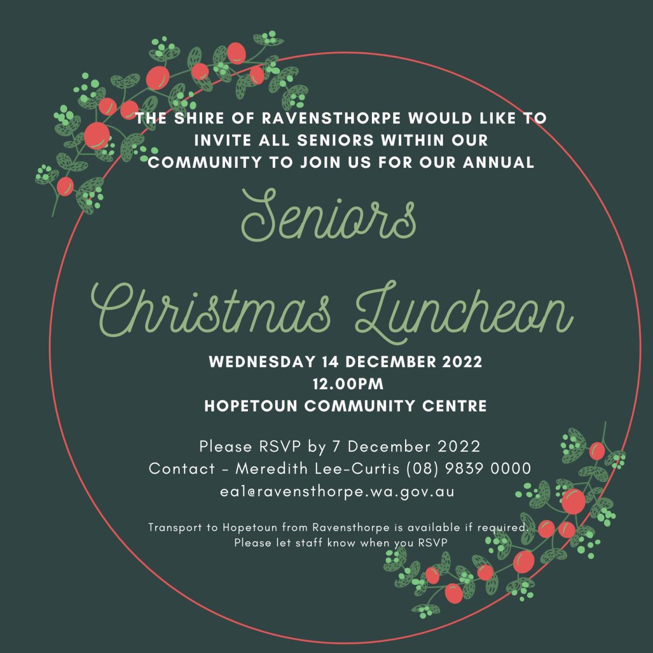 Seniors Christmas Luncheon - Wednesday, 14 December 2022